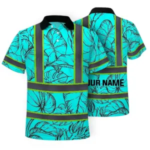 Hi Vis Polo Shirt Reflective Tapes Blue Neon Flowers Custom Name Safety Workwear For Workers, Truckers, Operators