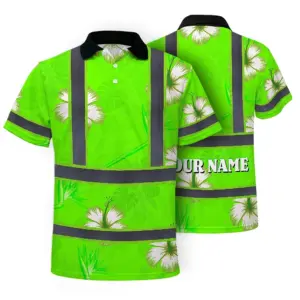Hi Vis Polo Shirt Reflective Tapes Green Neon Custom Name Safety Workwear For Workers, Truckers, Operators
