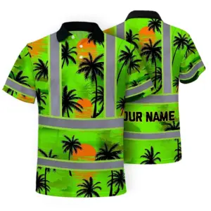 Hi Vis Polo Shirt Reflective Tapes Green Neon Flowers Custom Name