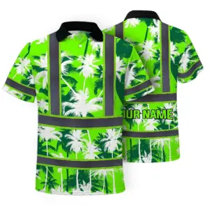 Hi Vis Polo Shirt Reflective Tapes Green Neon Flowers Custom Name Safety Workwear For Workers, Truckers, Operators