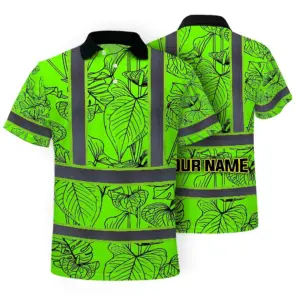 Hi Vis Polo Shirt Reflective Tapes Green Neon Flowers Custom Name Safety Workwear For Workers, Truckers, Operators