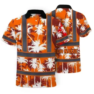 Hi Vis Polo Shirt Reflective Tapes Orange Neon Flowers Custom Name Safety Workwear For Workers, Truckers, Operators