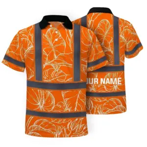 Hi Vis Polo Shirt Reflective Tapes Orange Neon Flowers Custom Name Safety Workwear For Workers, Truckers, Operators