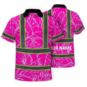 Hi Vis Polo Shirt Reflective Tapes Pink Neon And White Flowers Custom Name Safety Workwear For Workers, Truckers, Operators