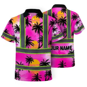 Hi Vis Polo Shirt Reflective Tapes Pink Neon Flowers Custom Name