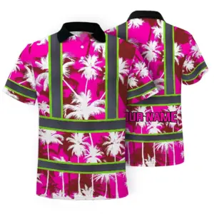 Hi Vis Polo Shirt Reflective Tapes Pink Neon Flowers Custom Name Safety Workwear For Workers, Truckers, Operators