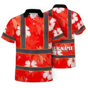 Hi Vis Polo Shirt Reflective Tapes Red Neon Custom Name Safety Workwear For Workers, Truckers, Operators