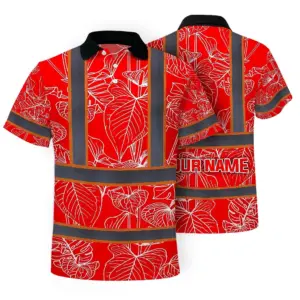 Hi Vis Polo Shirt Reflective Tapes Red Neon Flowers Custom Name Safety Workwear For Workers, Truckers, Operators