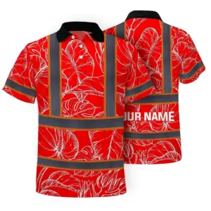 Hi Vis Polo Shirt Reflective Tapes Red Neon Flowers Custom Name Safety Workwear For Workers, Truckers, Operators