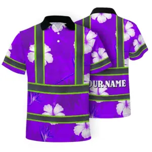 Hi Vis Polo Shirt Reflective Tapes Violet Neon Custom Name Safety Workwear For Workers, Truckers, Operators