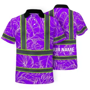 Hi Vis Polo Shirt Reflective Tapes Violet Neon Flowers Custom Name Safety Workwear For Workers, Truckers, Operators