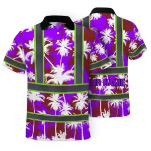 Hi Vis Polo Shirt Reflective Tapes Violet Neon Flowers Custom Name Safety Workwear For Workers, Truckers, Operators