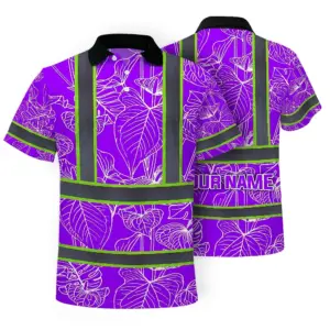 Hi Vis Polo Shirt Reflective Tapes Violet Neon Flowers Custom Name Safety Workwear For Workers, Truckers, Operators