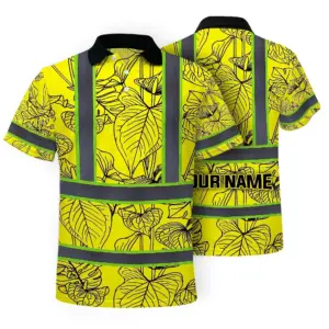 Hi Vis Polo Shirt Reflective Tapes Yellow Neon Flowers Custom Name Safety Workwear For Workers, Truckers, Operators