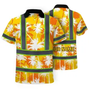 Hi Vis Polo Shirt Reflective Tapes Yellow Neon Flowers Custom Name Safety Workwear For Workers, Truckers, Operators