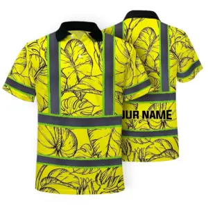 Hi Vis Polo Shirt Reflective Tapes Yellow Neon Flowers Custom Name Safety Workwear For Workers, Truckers, Operators