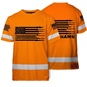 Hi Vis Shirt American Flag Shirt, Orange Neon Custom Name Reflective Short Sleeve Button-up Safety Shirt for Workers