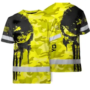 Hi Vis Shirt American Flag Shirt, Yellow Neon Custom Name Reflective Short Sleeve Button-up Safety Shirt for Workers