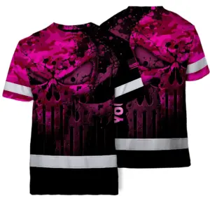 Hi Vis Shirt Skull Shirt, Pink Neon Custom Name High Visibility Short Sleeve Button Down Shirt for Workers, Truckers