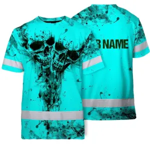 Hi Vis Skull Shirt, Blue Neon Custom Name High Visibility Short Sleeve Button Down Shirt for Workers, Truckers