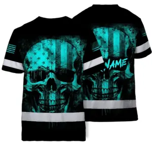 Hi Vis Skull Shirt, Blue Neon Custom Name High Visibility Short Sleeve Button Down Shirt for Workers, Truckers