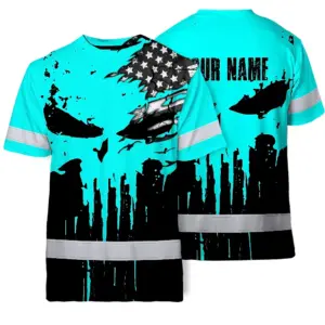 Hi Vis Skull Shirt, Blue Neon Custom Name High Visibility Short Sleeve Button Down Shirt for Workers, Truckers