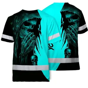 Hi Vis Skull Shirt, Blue Neon Custom Name High Visibility Short Sleeve Button Down Shirt for Workers, Truckers