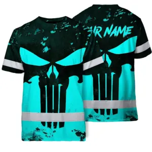 Hi Vis Skull Shirt, Blue Neon Custom Name High Visibility Short Sleeve Button Down Shirt for Workers, Truckers