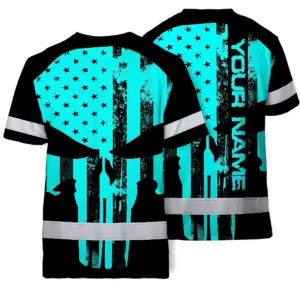 Hi Vis Skull Shirt, Blue Neon Custom Name High Visibility Short Sleeve Button Down Shirt for Workers, Truckers