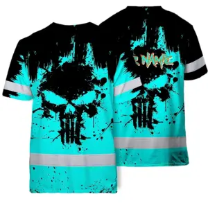 Hi Vis Skull Shirt, Blue Neon Custom Name High Visibility Short Sleeve Button Down Shirt for Workers, Truckers