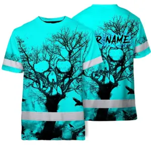 Hi Vis Skull Shirt, Blue Neon Custom Name High Visibility Short Sleeve Button Down Shirt for Workers, Truckers