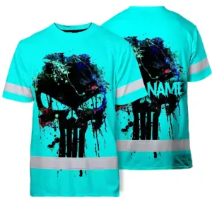 Hi Vis Skull Shirt, Blue Neon Custom Name High Visibility Short Sleeve Button Down Shirt for Workers, Truckers