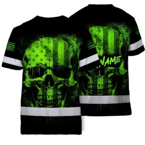 Hi Vis Skull Shirt, Green Neon Custom Name High Visibility Short Sleeve Button Down Shirt for Workers, Truckers
