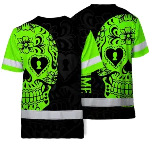 Hi Vis Skull Shirt, Green Neon Custom Name High Visibility Short Sleeve Button Down Shirt for Workers, Truckers