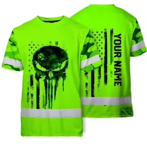 Hi Vis Skull Shirt, Green Neon Custom Name High Visibility Short Sleeve Button Down Shirt for Workers, Truckers