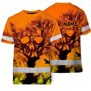 Hi Vis Skull Shirt, Orange Neon Custom Name High Visibility Short Sleeve Button Down Shirt for Workers, Truckers