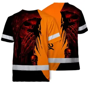Hi Vis Skull Shirt, Orange Neon Custom Name High Visibility Short Sleeve Button Down Shirt for Workers, Truckers