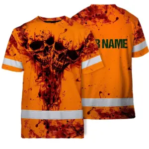Hi Vis Skull Shirt, Orange Neon Custom Name High Visibility Short Sleeve Button Down Shirt for Workers, Truckers
