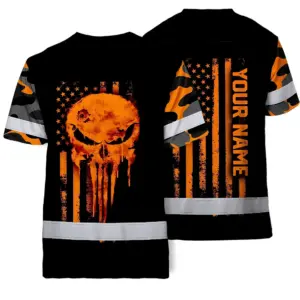 Hi Vis Skull Shirt, Orange Neon Custom Name High Visibility Short Sleeve Button Down Shirt for Workers, Truckers