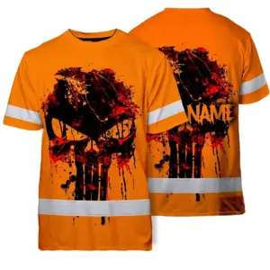 Hi Vis Skull Shirt,Orange Neon Custom Name High Visibility Short Sleeve Button Down Shirt for Workers, Truckers