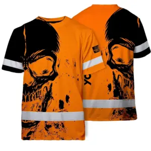 Hi Vis Skull Shirt, Orange Neon Custom Name High Visibility Short Sleeve Button Down Shirt for Workers, Truckers