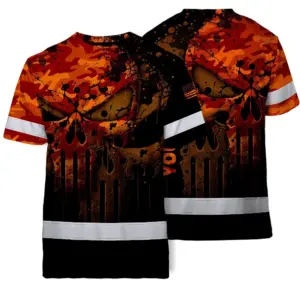 Hi Vis Skull Shirt, Orange Neon Custom Name High Visibility Short Sleeve Button Down Shirt for Workers, Truckers