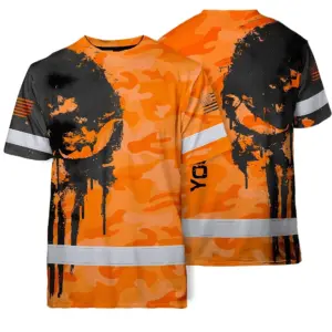 Hi Vis Skull Shirt, Orange Neon Custom Name High Visibility Short Sleeve Button Down Shirt for Workers, Truckers