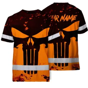 Hi Vis Skull Shirt, Orange Neon Custom Name High Visibility Short Sleeve Button Down Shirt for Workers, Truckers