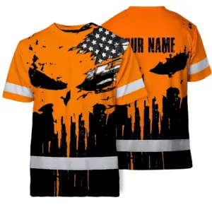 Hi Vis Skull Shirt, Orange Neon Custom Name High Visibility Short Sleeve Button Down Shirt for Workers, Truckers