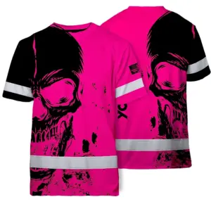 Hi Vis Skull Shirt,Pink Neon Custom Name High Visibility Short Sleeve Button Down Shirt for Workers, Truckers