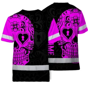 Hi Vis Skull Shirt, Pink Neon Custom Name High Visibility Short Sleeve Button Down Shirt for Workers, Truckers