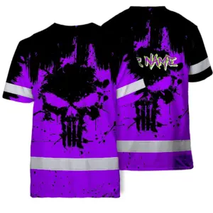 Hi Vis Skull Shirt, Violet Neon Custom Name High Visibility Short Sleeve Button Down Shirt for Workers, Truckers
