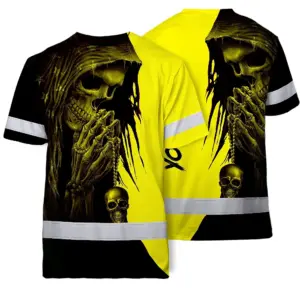 Hi Vis Skull Shirt, Yellow Neon Custom Name High Visibility Short Sleeve Button Down Shirt for Workers, Truckers