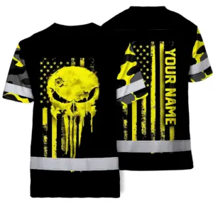 Hi Vis Skull Shirt, Yellow Neon Custom Name High Visibility Short Sleeve Button Down Shirt for Workers, Truckers